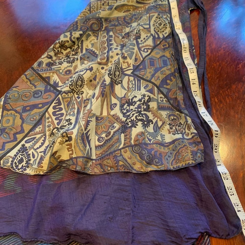 silk wrap reversible skirt purple, green, blue, with flowers multi-color
